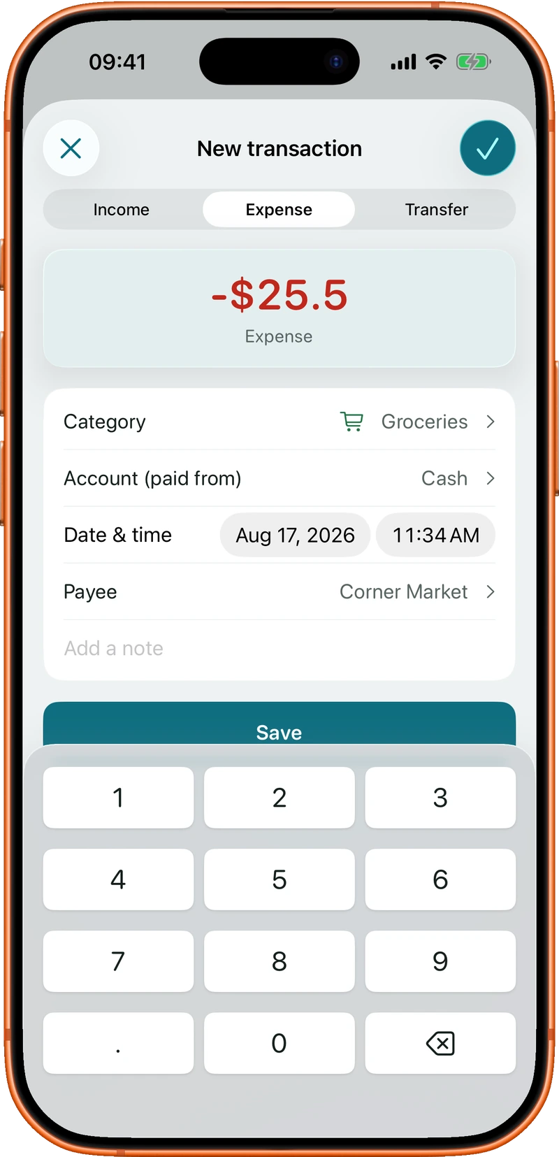 Adding an expense by hand — amount, category, account, payee